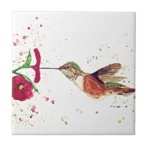 Hummingbird röda blommor Natur Vattenfärgfåglar Kakelplatta