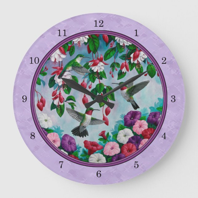Hummingbird Rosa Fuchsia Flowers Lavender Stor Klocka (Framsida)
