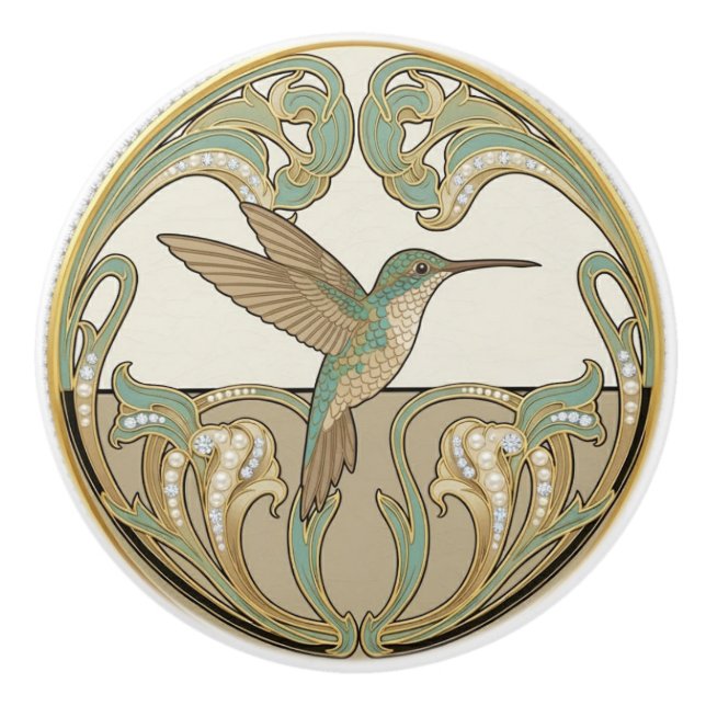 Hummingbird Sage Green & Gold Art Deco Nouveau Knopp (Framsidan)