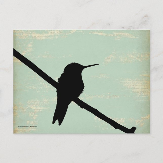 Hummingbird Silhouette på Blue Grunge Background Vykort (Framsida)