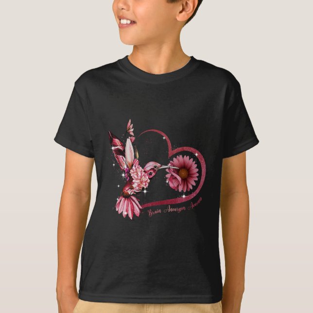 Hummingbird Solros Heart Burgundy Ribbon Brain T Shirt (Framsida)