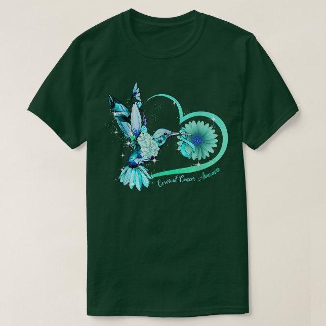 Hummingbird Solros Heart Teal Ribbon Cervical C T Shirt (Design framsida)