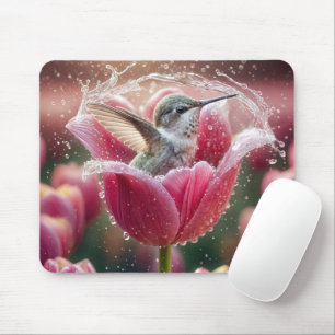 Hummingbird som bryter sig in i en tulipp musmatta