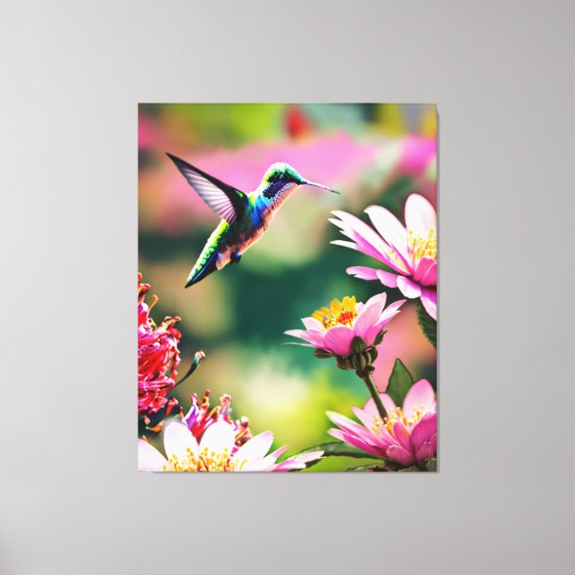 Hummingbird som flyger till ett Kanvastryck av blo (Framsida)