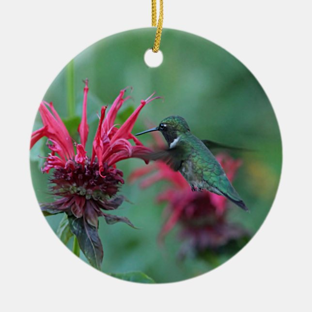 Hummingbird som matar på rosa blommor julgransprydnad keramik (Framsidan)