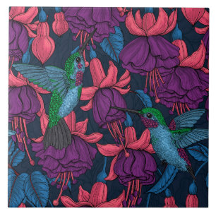 Hummingbird-trädgård i lila och blått kakelplatta