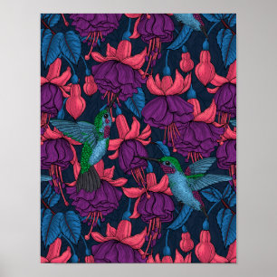 Hummingbird-trädgård i lila och blått poster