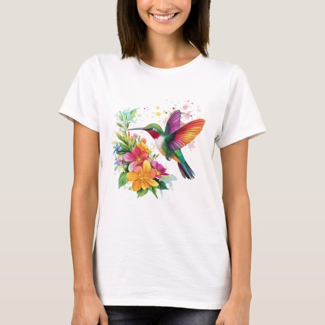 Hummingbird Tropical Flowers T Shirt (Framsida)