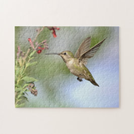 Hummingbird under flygning med blomkorgussel pussel