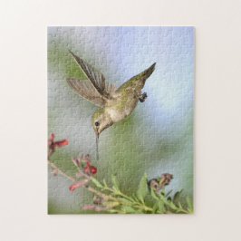 Hummingbird under flygning med blomkorgussel pussel