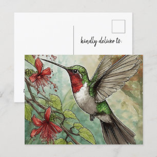 Hummingbird under flygning med rött trumpet Vine Vykort