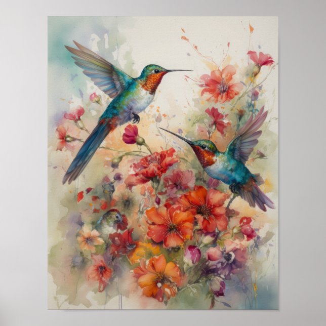 Hummingbird Vattenfärggrafik Skriv ut Poster (Framsidan)