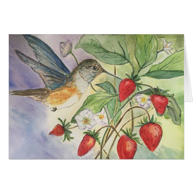 Hummingbird vid jordgubbar hälsningskort (Framsidan Horizontal)