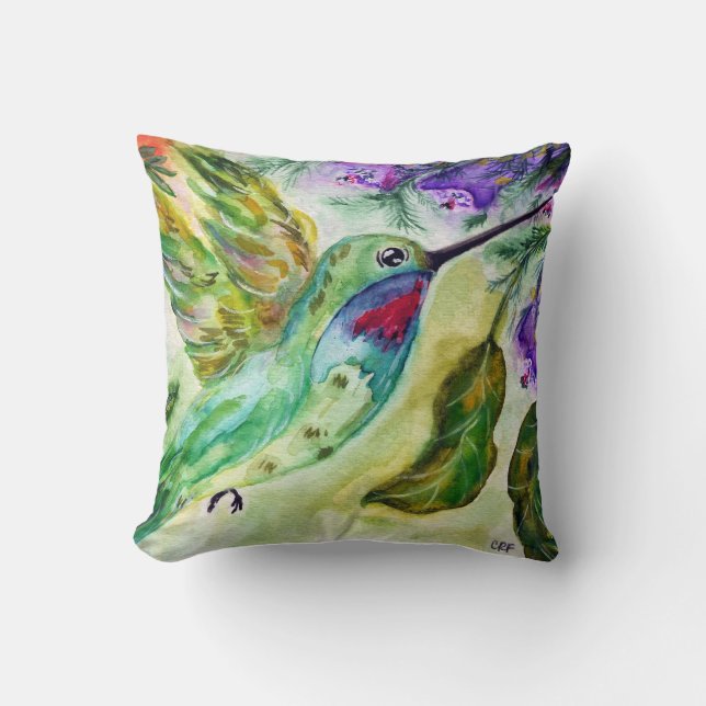"Hummingbird watercolor" Throw Pillow Kudde (Framsida)