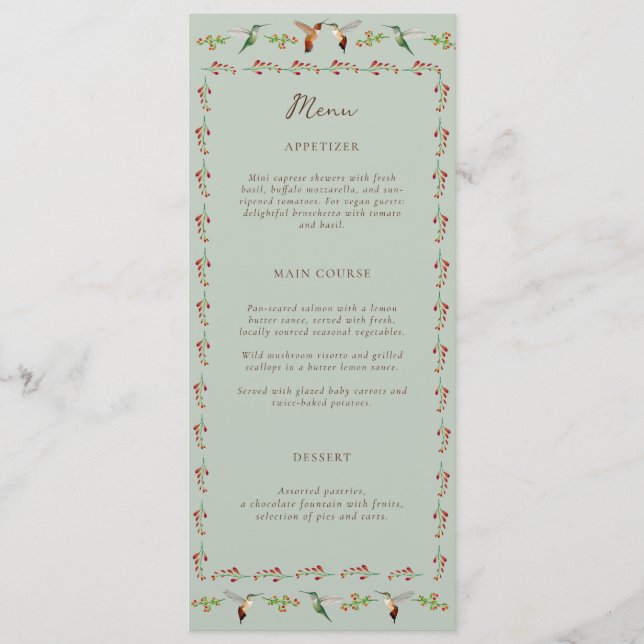 Hummingbird Wedding Menu Meny (Framsida)