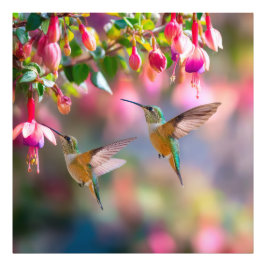 Hummingbirds Fuchsia Flowers Iridescent Dance Fototryck