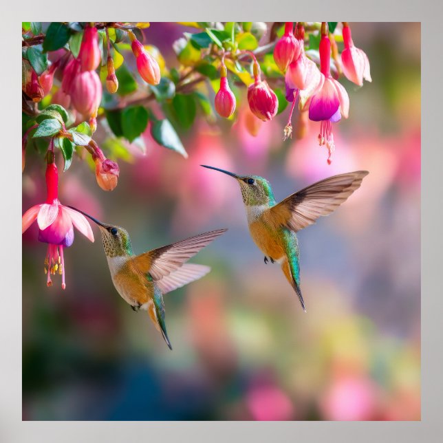 Hummingbirds Fuchsia Flowers Iridescent Dance Poster (Framsidan)