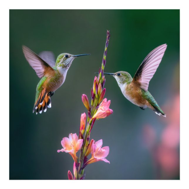 Hummingbirds Gladiolus Flowers Iridescent Pair Fototryck (Framsidan)