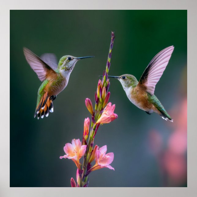 Hummingbirds Gladiolus Flowers Iridescent Pair Poster (Framsidan)