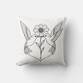 Hummingbirds in Heart Shape with Flower Line Art Kudde