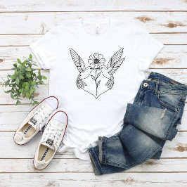 Hummingbirds in Heart Shape with Flower Line Art T Shirt
