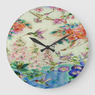 Hummingbirds- och blommakonstväggen tar tid på - stor klocka