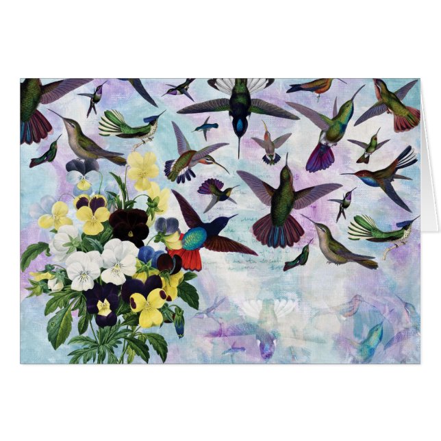 Hummingbirds och Pansies Hälsningskort (Framsidan Horizontal)
