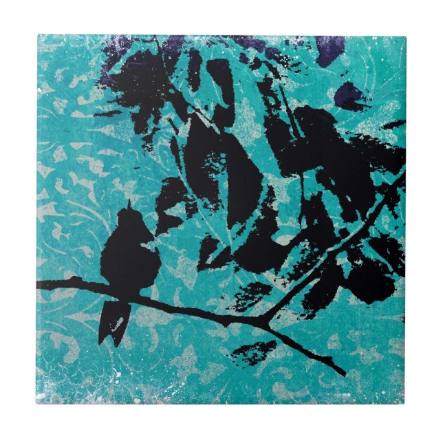 HummingbirdSilhouette på blåttGrungebakgrund Kakelplatta (Framsidan)