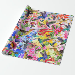 Hummingfåglar och blommor presentpapper