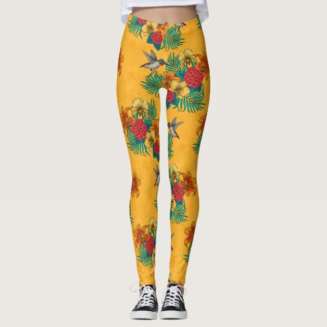 Hummingfåglar och tropiska bouquet i gult leggings (Framsida)