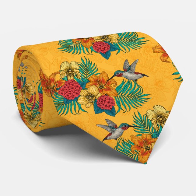 Hummingfåglar och tropiska bouquet i gult slips (Rullad)