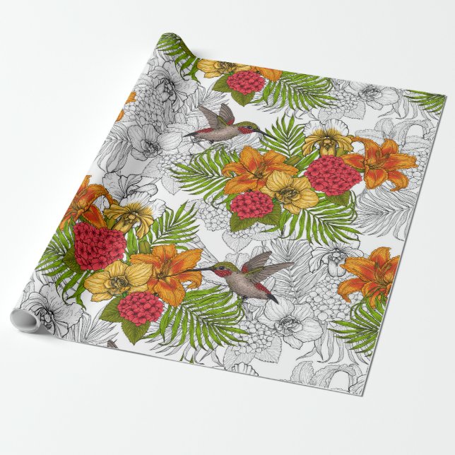 Hummingfåglar och tropiska buketter presentpapper (Utrullad)