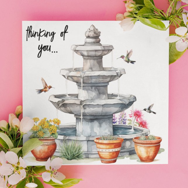 Hummingfåglar | VATTEN FONTÄN | Blommor Julkort (Hummingbirds in flight around a water fountain and potted plants and flowers thinking of you card. )
