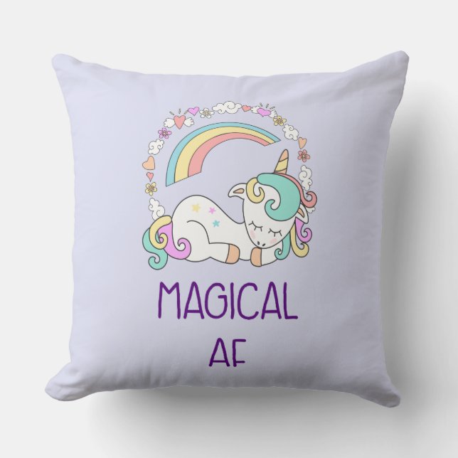 Humor - Magic AF. Unicorn, Rainbow & Cute Saker Kudde (Framsida)