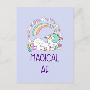 Humor - Magic AF. Unicorn, Rainbow & Cute Saker Vykort