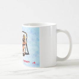 Humor tecknad, rolig skrämt kvinna tittar spegel kaffemugg