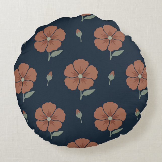 Humörig Navy och Terrakotta Blommig Rund Kastrull  Kudde (Baksidan)