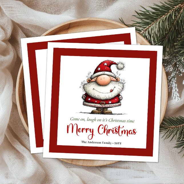 Humoristisk fantasifull tomtehandritade julservett pappersservett (Humorous Whimsy Santa Hand Drawn Holiday Napkins)