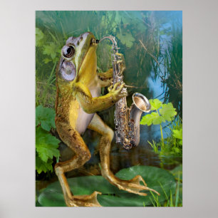 Humoristisk groda som Plying saxofonen Poster