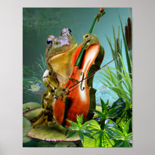 Humoristisk platsgroda som leker violoncellen i poster