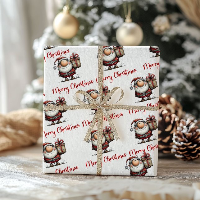 Humoristiskt Lekfull Jul Tomte Tecknad Inpacknings Presentpapper (Humorous Playful Santa Cartoon Wrapping Paper)