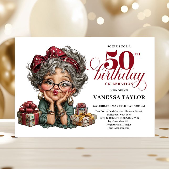 Humorous lady turning fifty quirky party invite inbjudningar (Humorous lady turning fifty quirky party invite)