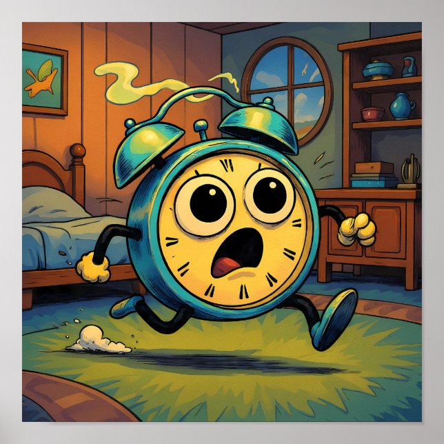 Humorous Retro Art: Ablaze Running Alarm Clock Poster (Framsidan)
