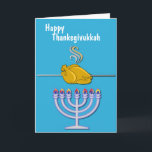 Humorous Thanksgivukkah Custom Helgkort<br><div class="desc">Fun custom Thanksgivukkah greeting card done in a sky blue,  with graphics of a spit roasting turkey over a Menorah.  White text,  on the front reads,  Happy Thanksgivukkah.  Personalize the text inside to read what you want.</div>