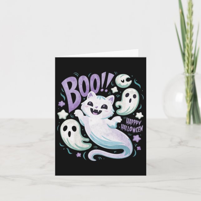 Humous Ghost Cat Boo Kattunge Halloween Kort (Framsida)
