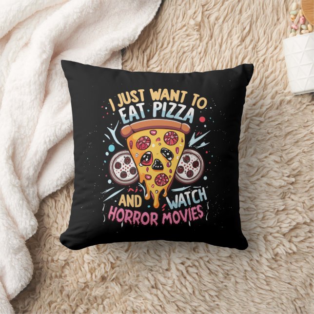 Humous Halloween som säger Pizza och skräckfilmer Kudde (Filt)