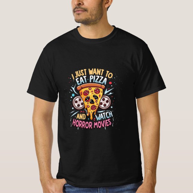 Humous Halloween som säger Pizza och skräckfilmer T Shirt (Framsida)