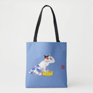 Humous Japansk Cat Bathing I Tygkasse