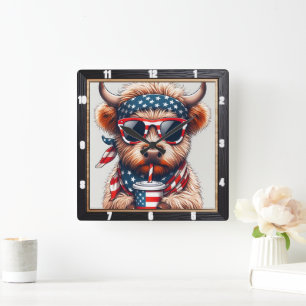 Humous Patriotic Highland Cow Fyrkantig Klocka