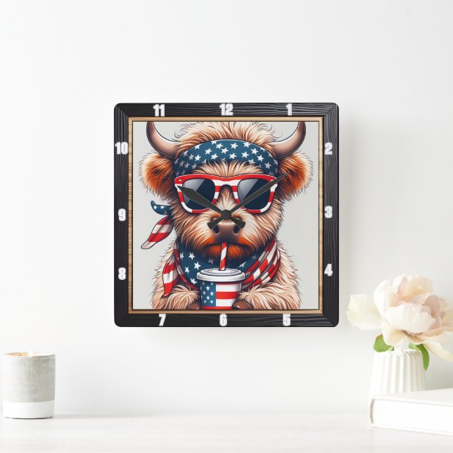 Humous Patriotic Highland Cow Fyrkantig Klocka (Hem)